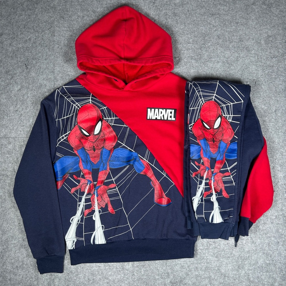Marvel Spider-Man Tracksuit Boys XL 14-16 Blue Red Fleece Hoodie Joggers Set
